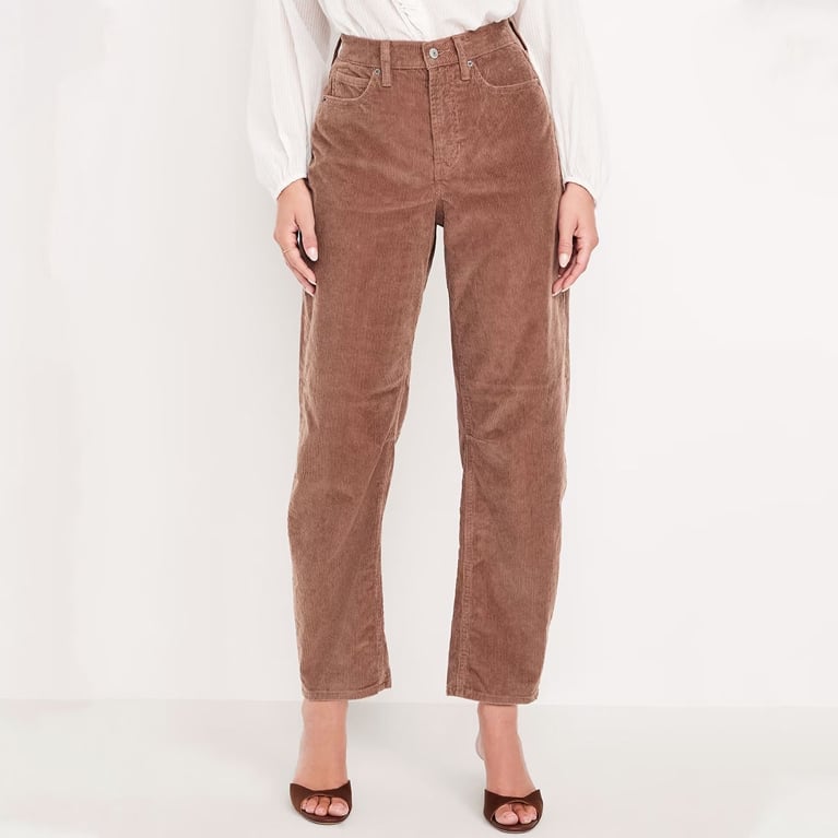 A model wearing brown corduroy Old Navy barrel pants for an article about updated basics for fall 2025.