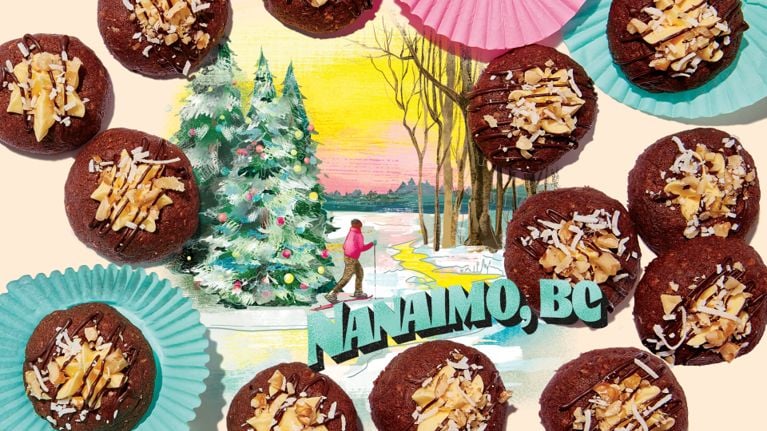 A display of chocolate and custard frosting thumbprint cookies are laid over an illustrated landscape of Nanaimo, B.C. in a story about Christmas cookies styled after Canadian desserts.