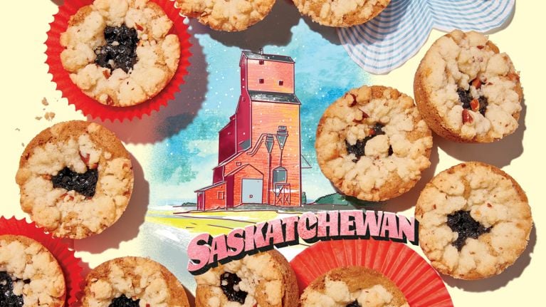 A display of Saskatoon jam pie-style cookies are arranged over an illustration of Saskatchewan, RG, in a story about Christmas cookies styled after Canadian desserts.