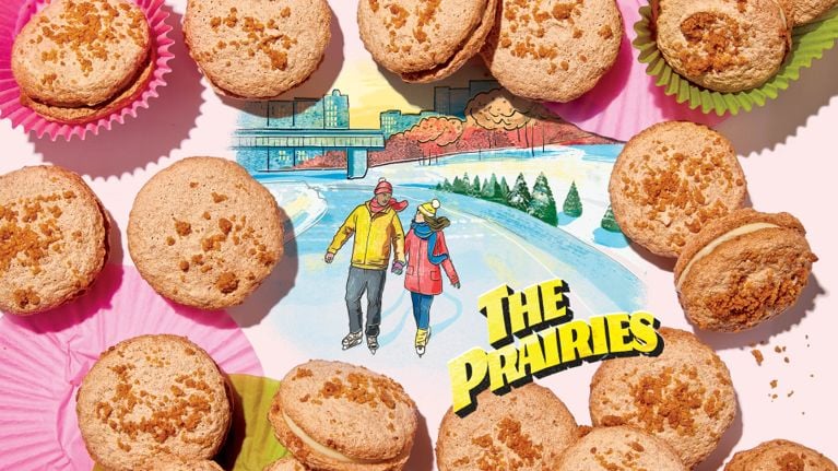A display of flapper-pie-style dacquoise cookies are arranged over an illustration of an ice rink on the Prairies in a story about Christmas cookies styled after Canadian desserts.
