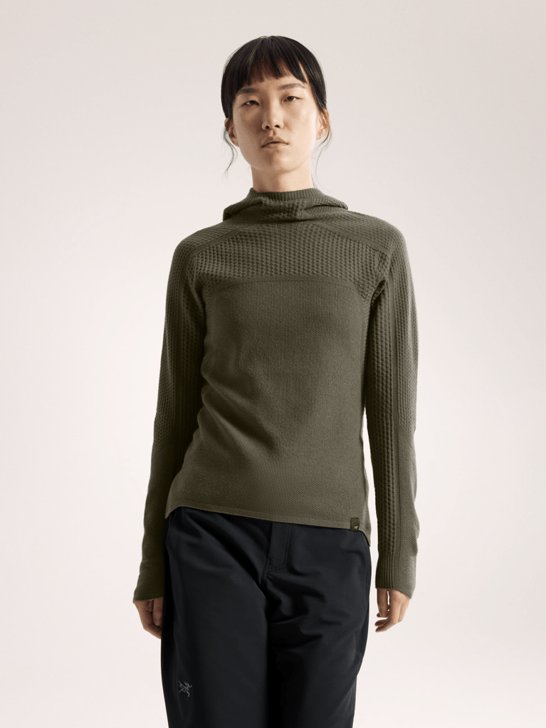 A model wearing an Arc'teryx Hallam wool hoodie in khaki
