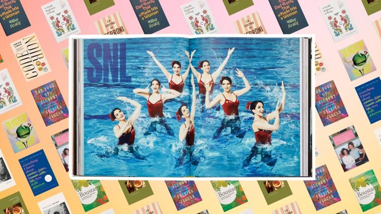 A collage of the best gift books of 2025, including a spread of women swimming from The Art of the SNL Portrait