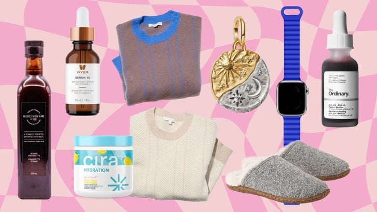 A collage of items on a pink checkered background for an article about the best purchases our editors made in October 2025.