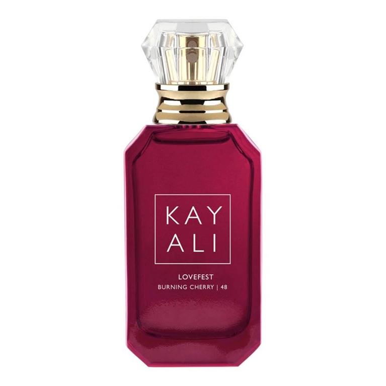 A bottle of Kayali Lovefest Burning Cherry Eau de Parfum for an article about Chatelaine editors best purchases for September 2025.