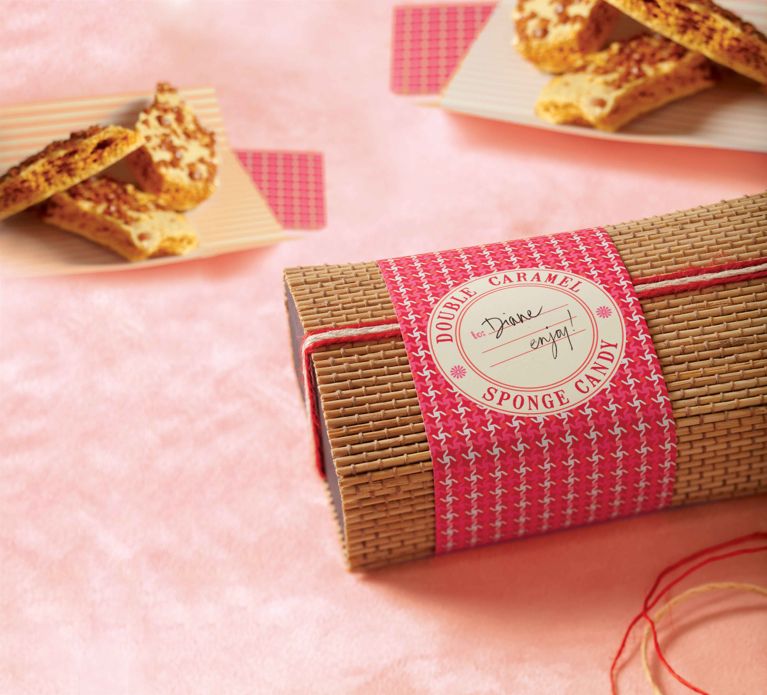 a box reading double caramel sponge candy for Diane and enjoy