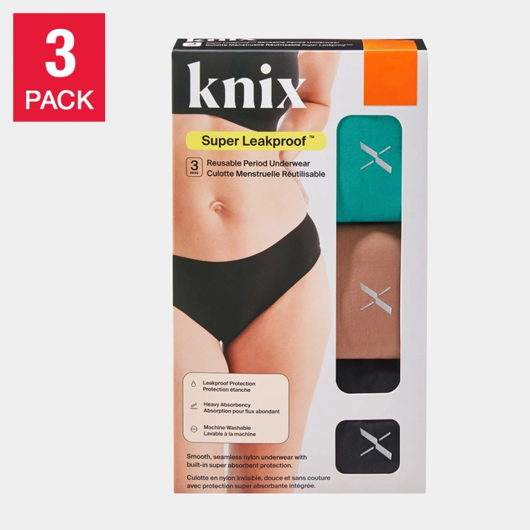 A three-pack of Knix Super Leakproof Reusable Period Underwear.