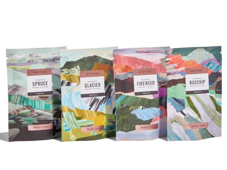 Four pouches of foaming bath soak from brand Anto Yukon.
