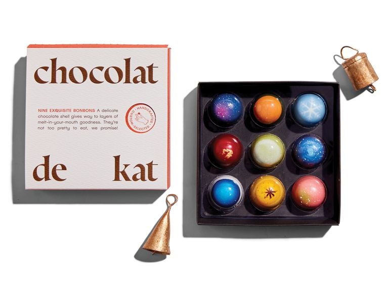 A colourful box of assorted Chocolat de Kat bonbons.
