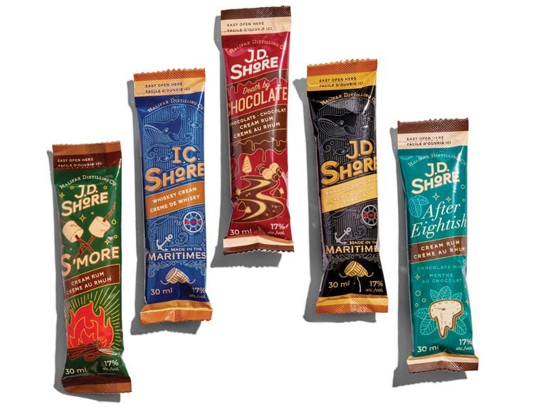 Five single-serving pouches of creme liqueur from J.D. Shore. 