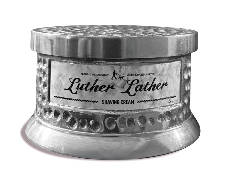 A silver stein of shaving cream from brand Luther Lather.