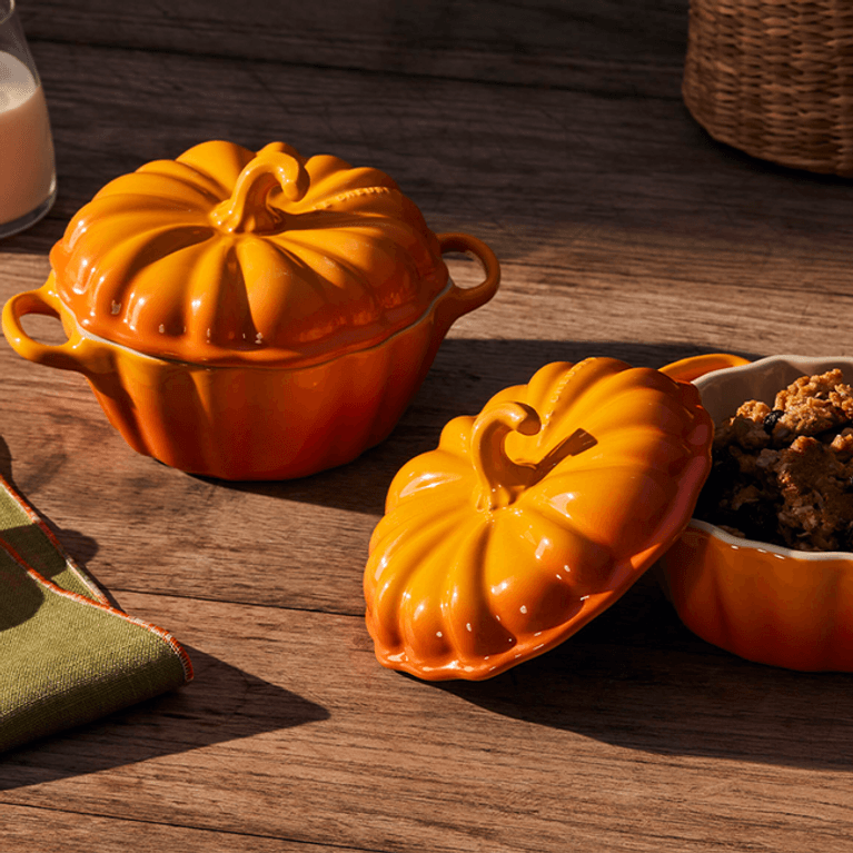 Two mini pumpkin cocottes in persimmon (orange) from Le Creuset