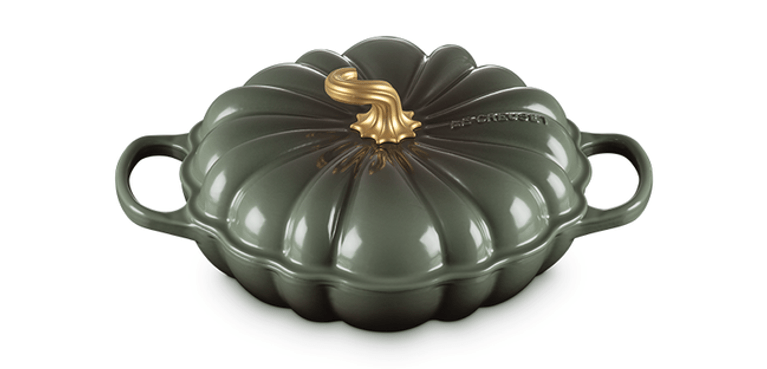 A thyme (green) Le Creuset pumpkin braiser
