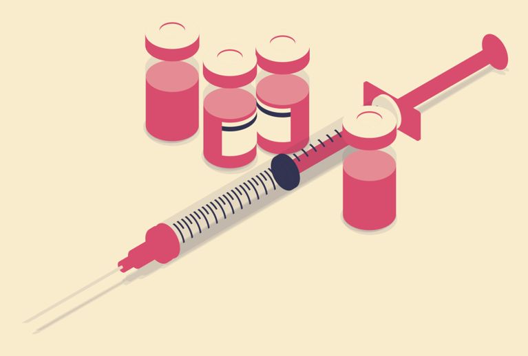 An illustration of a pink syringe and pink vaccine vials against an off-white backdrop in a story about vaccine readiness for cold and flu season.