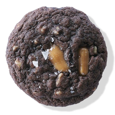 a double chocolate caramel cookie on a white background