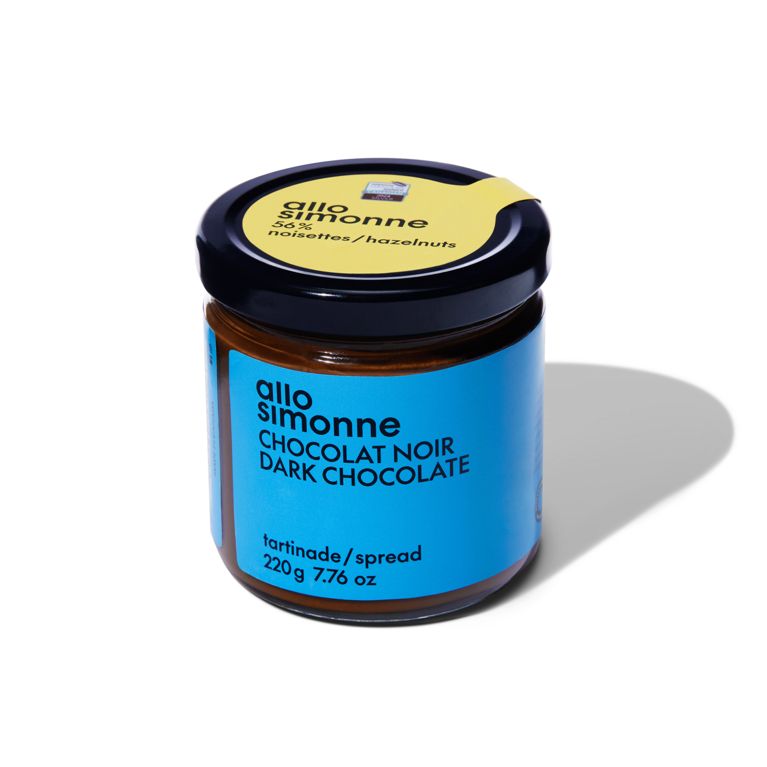 A jar of dark chocolate hazelnut spread by Allo Simone