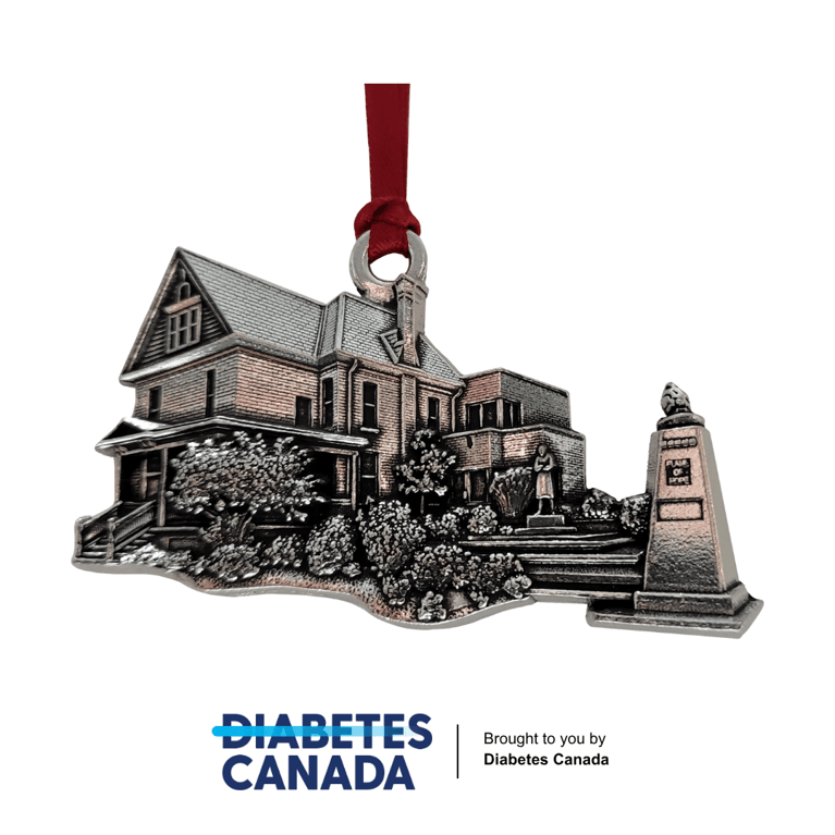 Pewter ornament depicting the Banting House and surrounding grounds.
