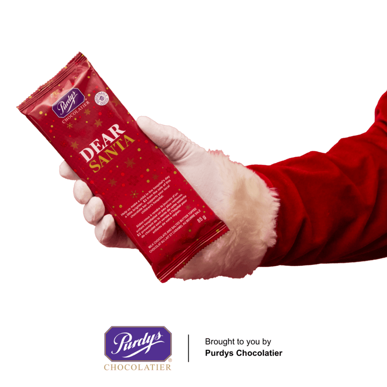 Santa holding a red wrapped chocolate bar