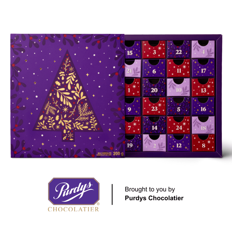 Festive purple box with gold tree, opens to tiny boxes in red, purple and lilac.