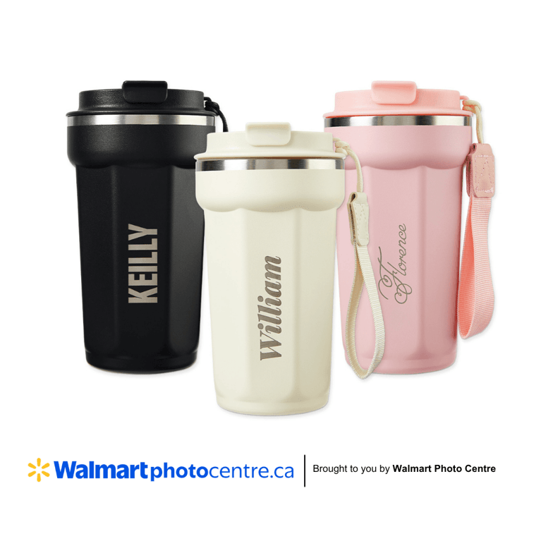 coffee tumblers in pink, beige and black, with a pop open mouth piece.