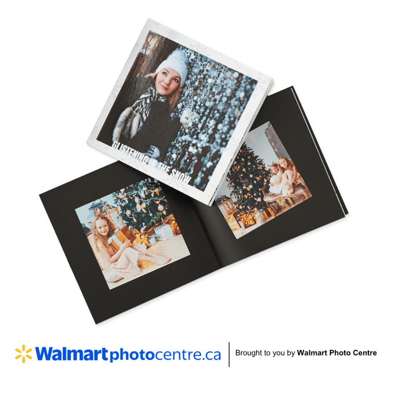 Photo book in black with festive example photos for customizable album.