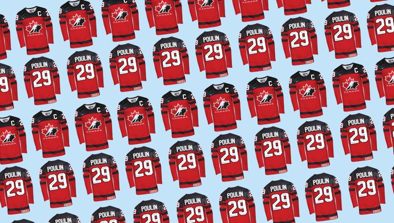 Numerous copies of Team Canada Women's Hockey Captain Marie-Philip Poulin's number 29 jersey against a blue and white backdrop