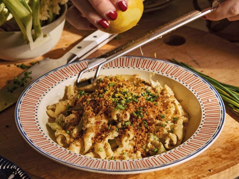 A bowl of Alison Roman's creamy cauliflower pasta with pecorino.