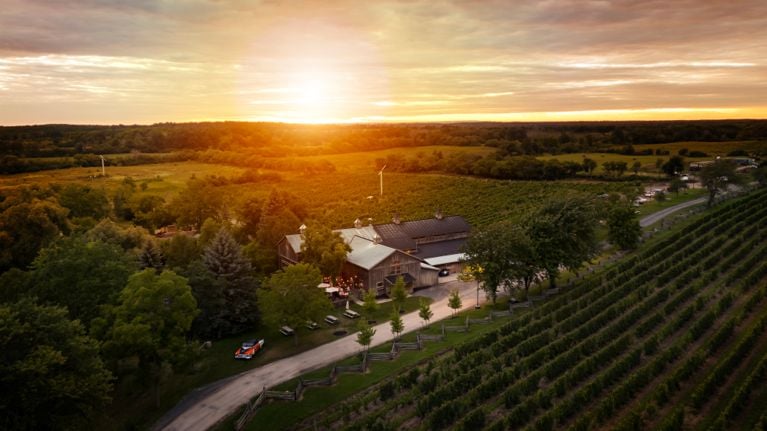 A bird's eye view of the Grange Winery in prince edward county, showing the winery's vineyards and barn tasting room, for a piece on what to do in Prince Edward County for a weekend getaway