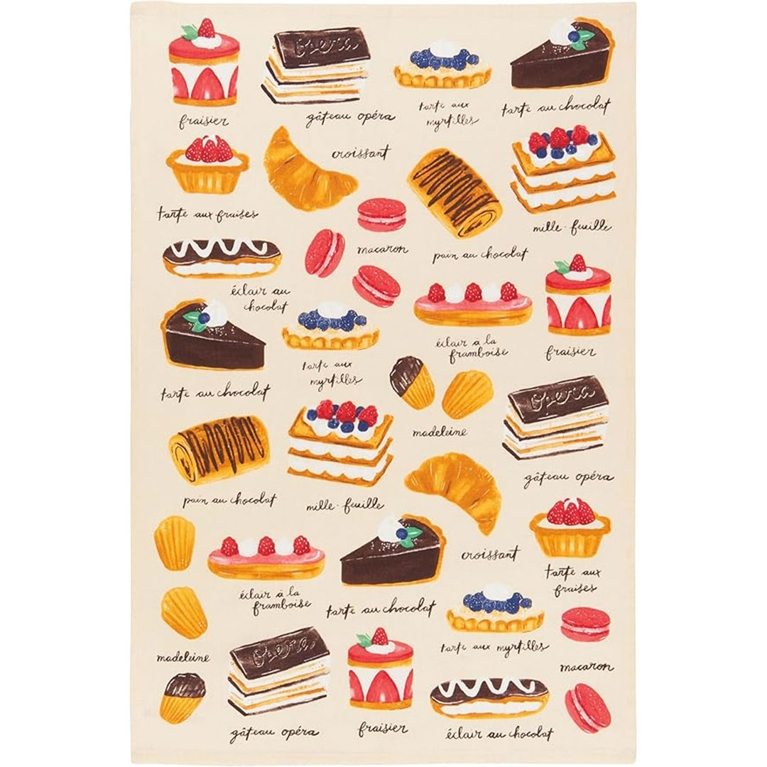 A tea towel printed with different desserts in illustration