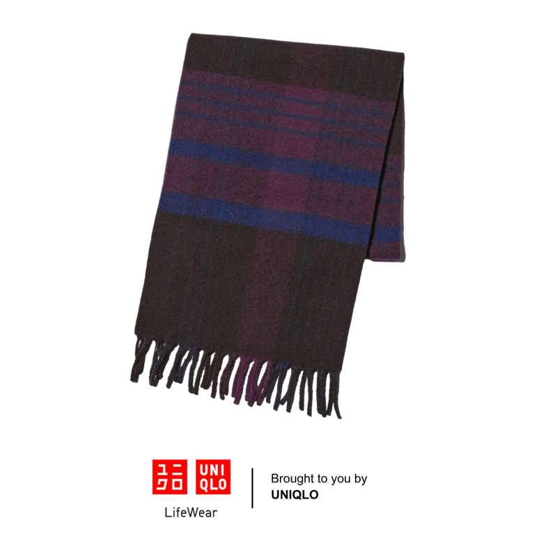 Purple and blue plaid yarn stole with fringe ends.