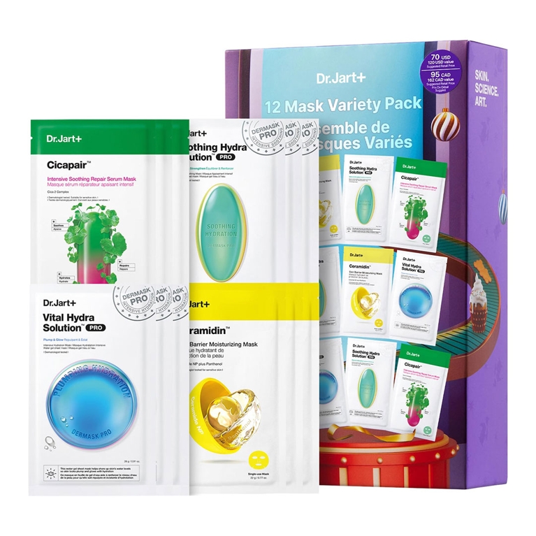 A box of Dr. Jart+ 12 Mask Variety Pack sheet masks for an article about the best self-care gifts for pampering for the holidays.