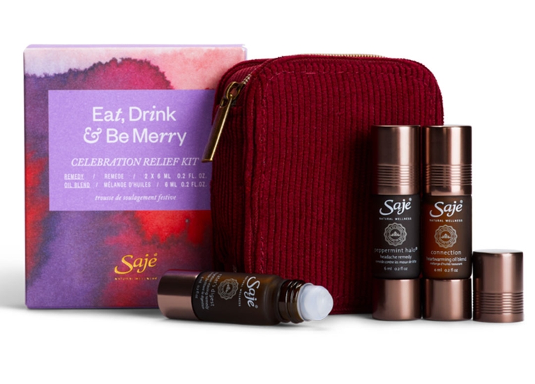 A Saje Eat, Drink & Be Merry Celebration Relief Kit for an article about the best self-care gifts for pampering for the holidays.