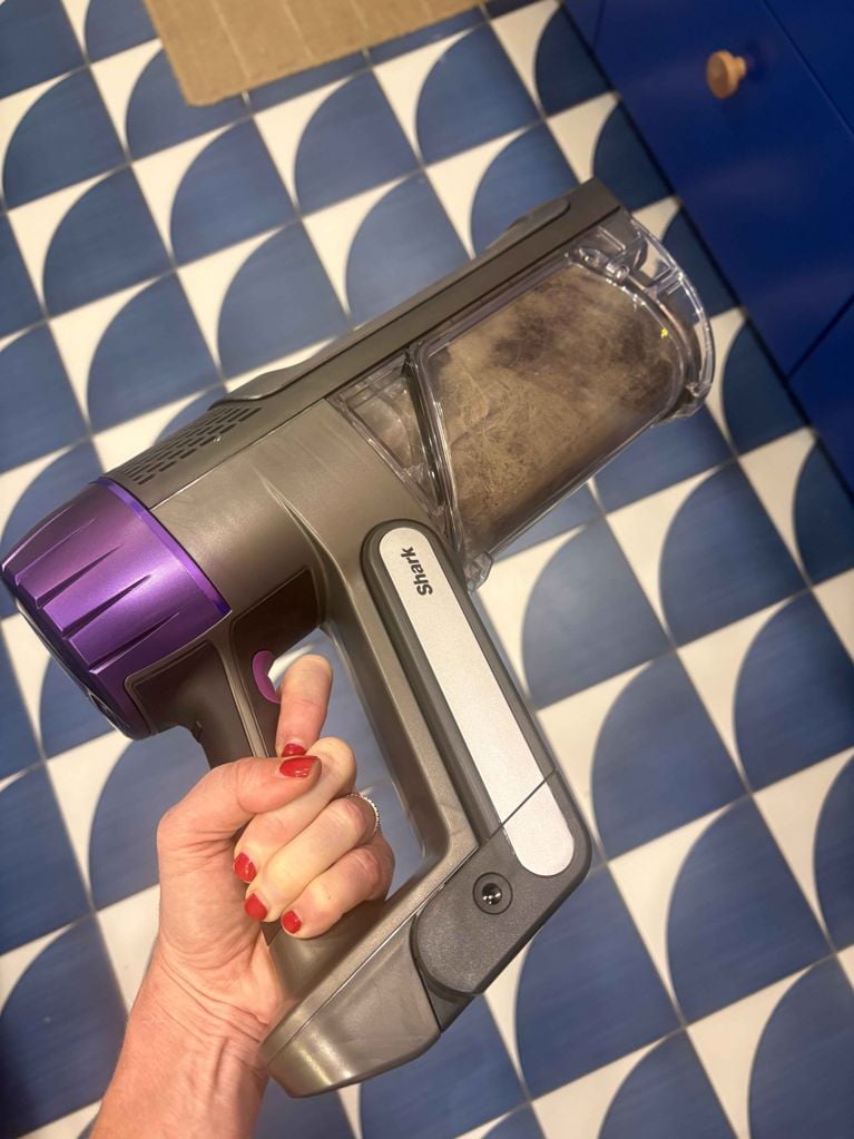 A shark vacuum cannister filled with debris, used in a post about best stick vacuum dog.