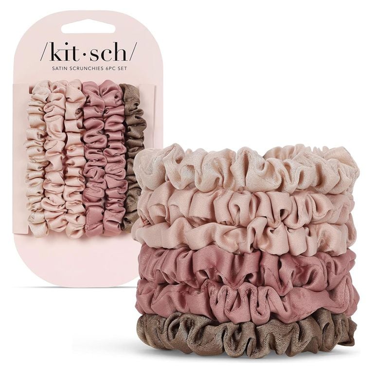 A set of neutral colour Kitsch Satin Scrunchies for an article about the best stocking stuffers ideas for the holidays.