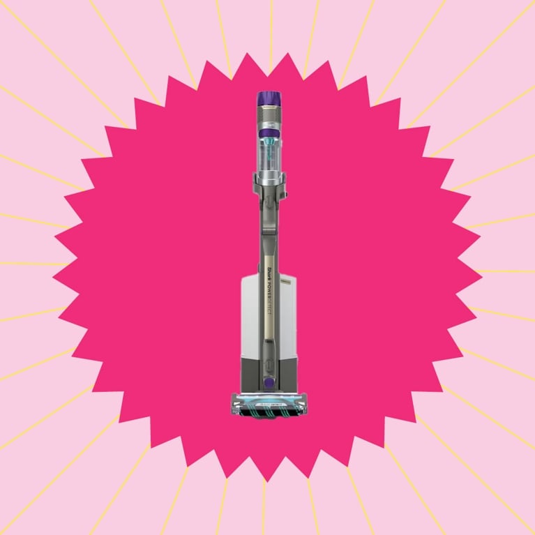 A Shark vacuum in its charging dock in a pink graphic starburst for a post on best stick vacuums dog.