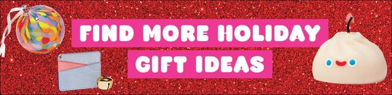 A red glitter background with the words "Find more holiday gift ideas" and a host of christmas gifts surrounding it