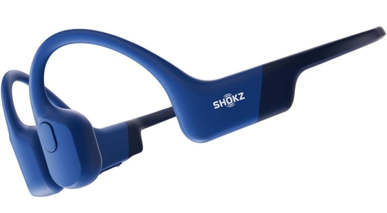 A pair of blue Shokz headphones in a post about best fitness gifts.