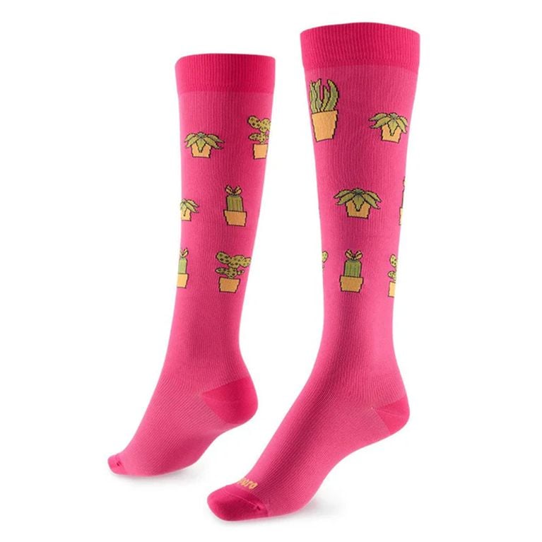 A pair of pink socks with a houseplant print in a post about best fitness gifts.