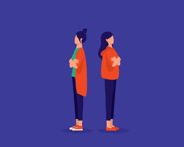 An illustration with two women standing back to back in a post about advice from a friendship therapist.
