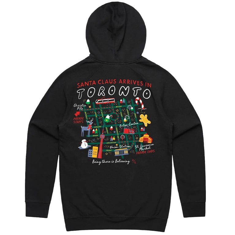 A black hoodie with an illustration of the Toronto Santa Claus parade map on it in a post about gifts that give back.