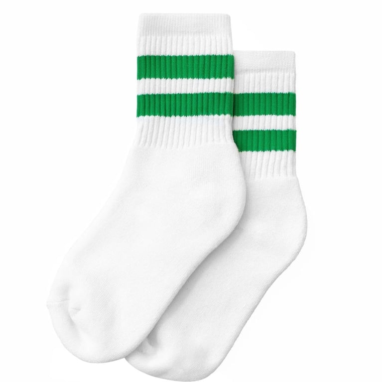 A pair of white sport socks with green stripes.