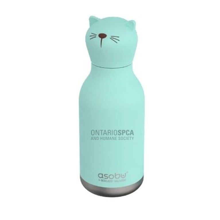 A light turquoise water bottle with a cat head on top in a post about gifts that give back.