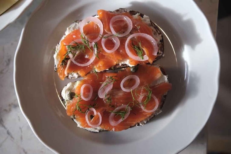 Gravlax on sourdough rye with dill and pickled shallots