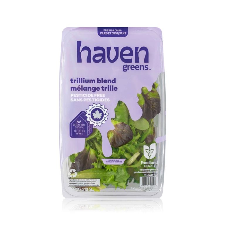 Clear plastic container of Haven Greens Trillium Blend salad mix with purple and green label, showing the product is pesticide-free, greenhouse-grown, and contains mixed green and reddish-purple leaf lettuces.