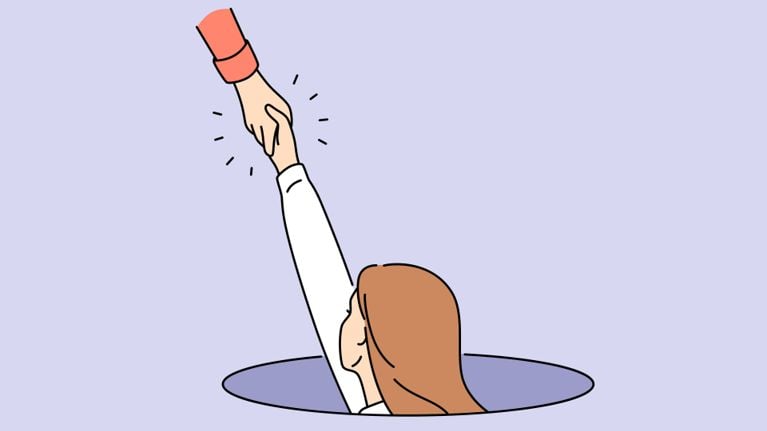 An illustration of a hand helping a woman out of a hole, on a purple background, for a story about intimate partner violence and an organization that supports survivors.