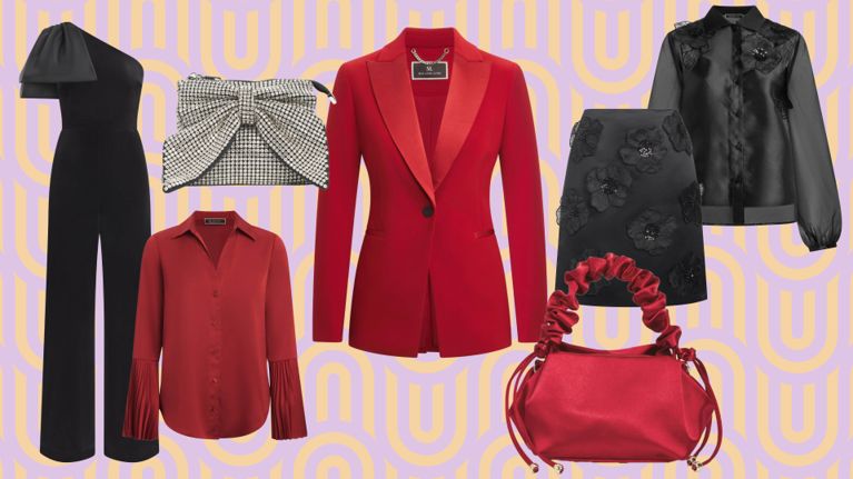 Pieces from the Melanie Lyne holiday collection seen on a purple and yellow background.