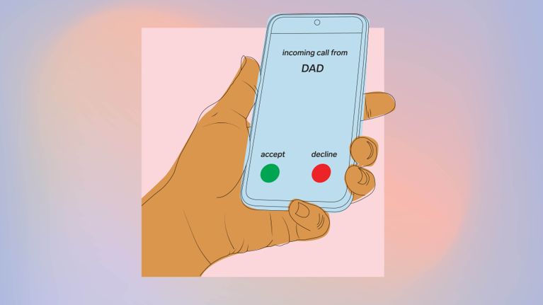 An illustration of a hand holding a phone with an incoming call from "Dad," for a story about going no-contact with a family member.