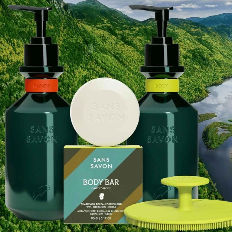 Sans Savon soap free hand and body wash and body bar and massaging scrubber
