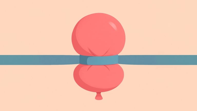 An illustration of a pink balloon being cinched by a blue band, used in a post on SIBO bloating.