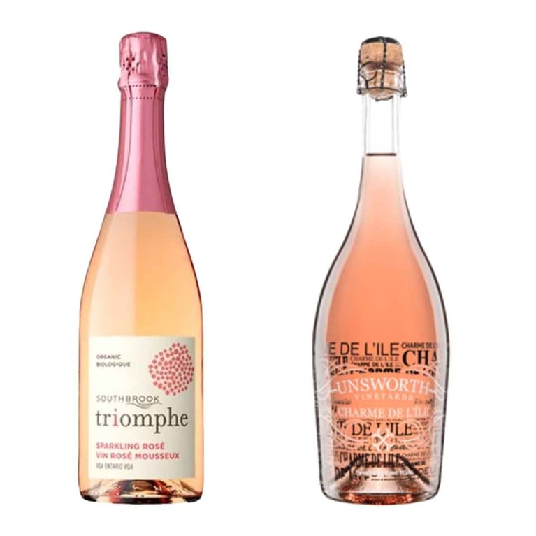 two bottles of sparkling rose canadian wines, one southbrook triomphe and the other unsworth charm de l'ile