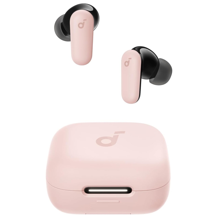 A pair of Soundcore P30i earbuds in light pink for a post about tech gifts for the holidays.